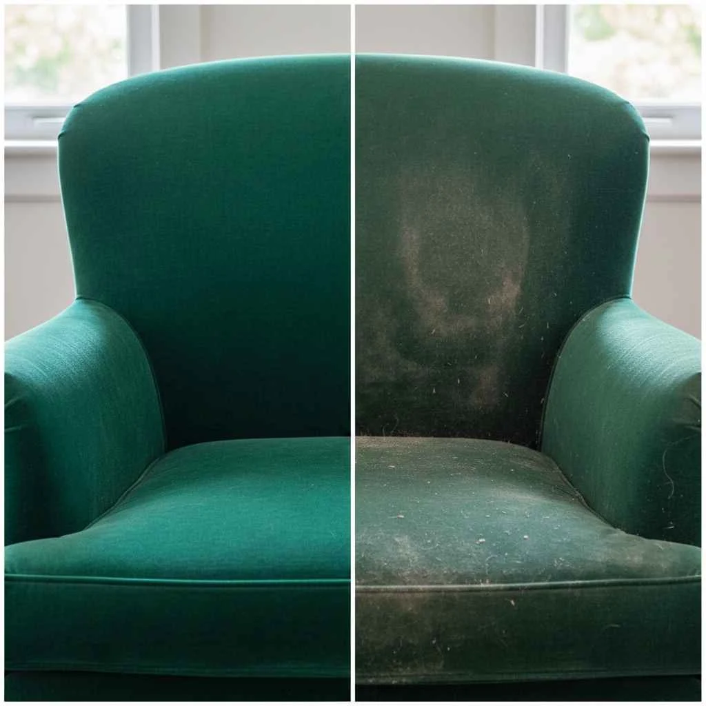 Comparison of professionally cleaned vs poorly cleaned upholstery