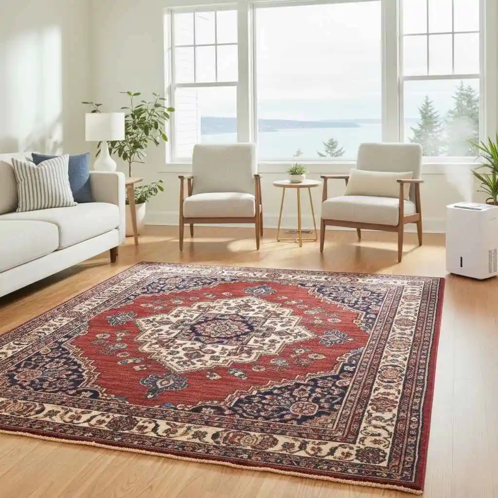 Dehumidifier running in a cozy living room with a rug
