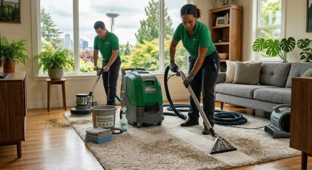technicians performing professional carpet extraction cleaning.