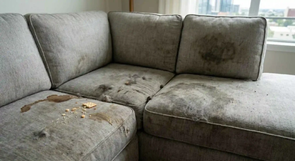 dirty sofa before professional cleaning