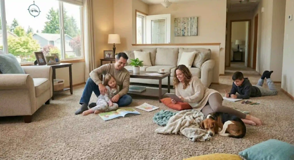 family relaxing on clean carpet