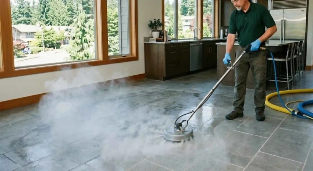 high-pressure tile cleaning equipment in action