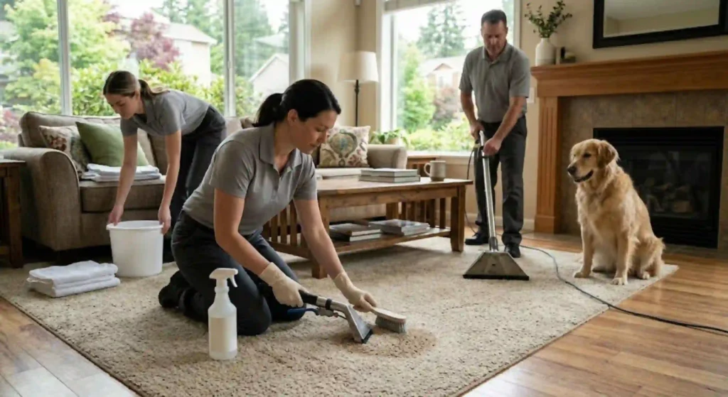 Pet-safe carpet cleaning team working in Auburn living room