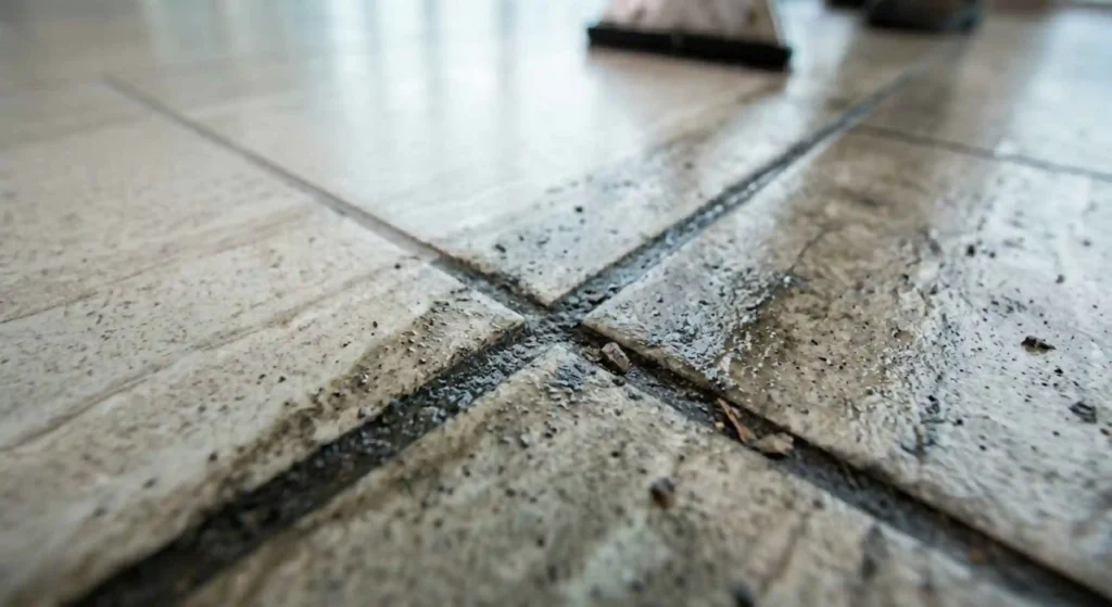 close-up image of stained grout lines