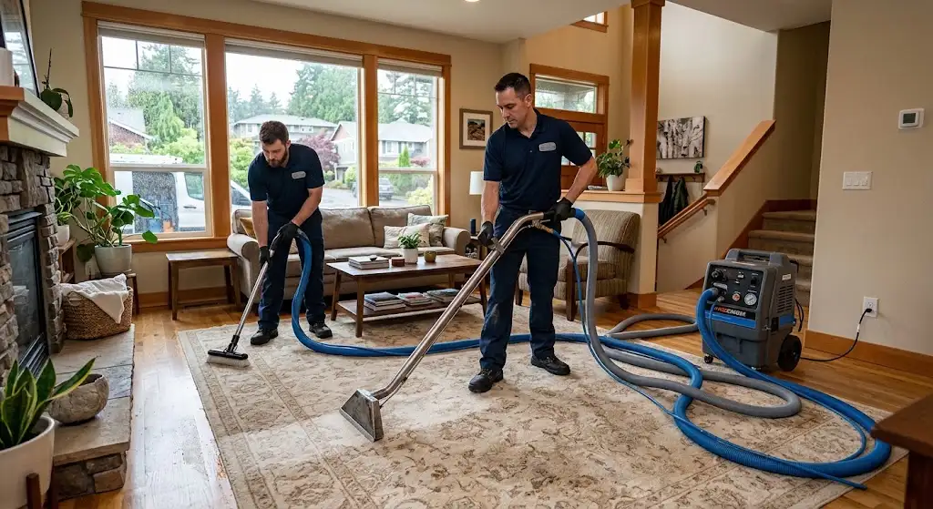 Professional Carpet Cleaning Services team cleaning a carpet in a Seattle home