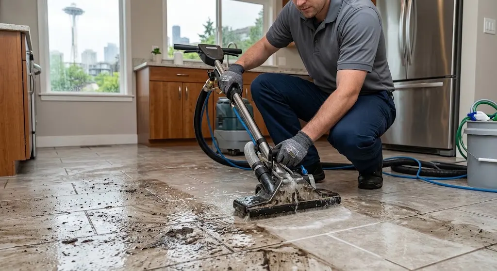 Professional cleaning equipment removing dirt from tile and grout in Seattle
