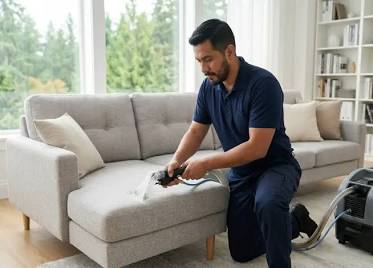 Professional couch cleaner treating a fabric sectional in a Seattle residential living room.